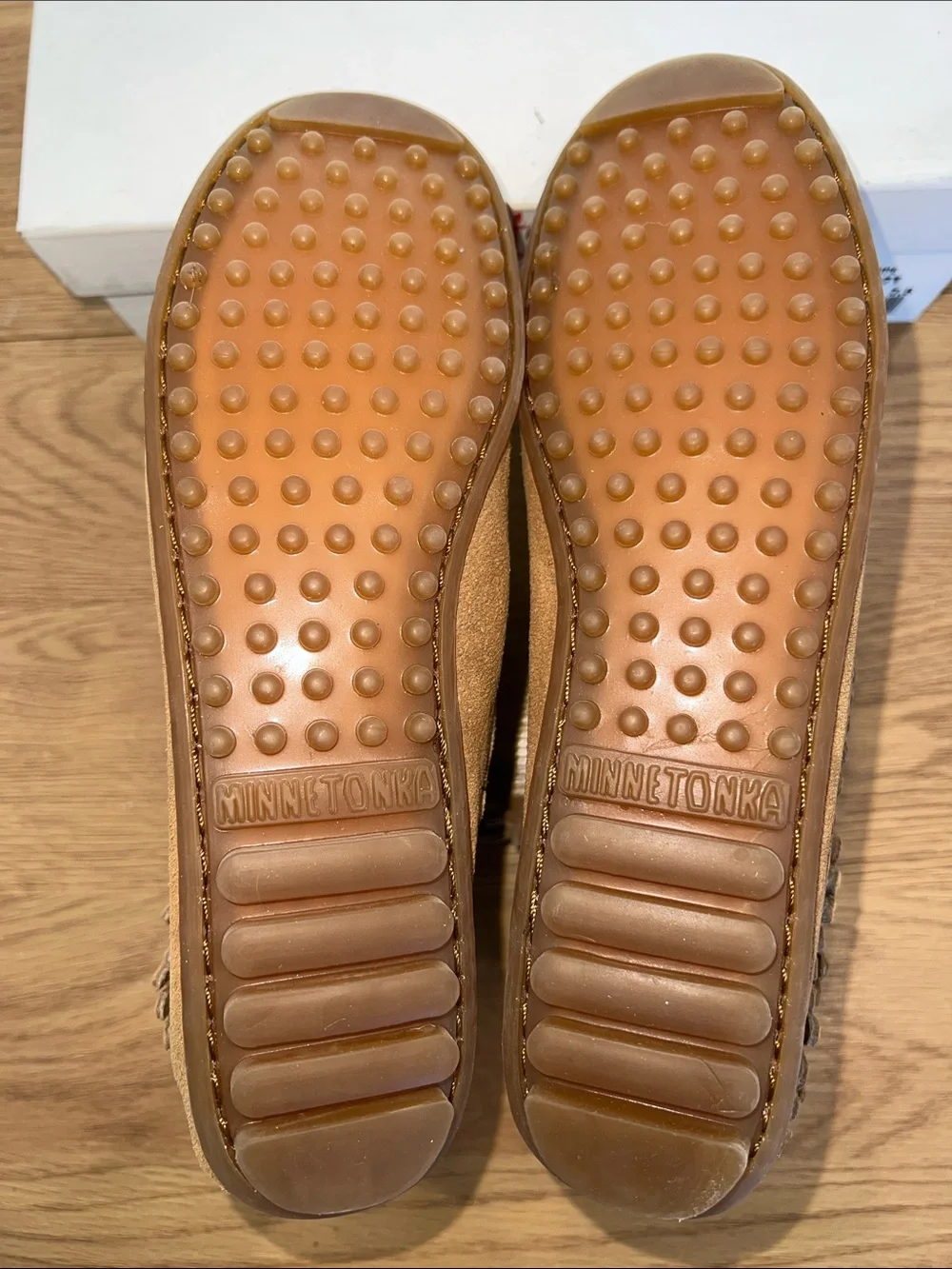NIB Minnetonka Double Fringe Taupe Suede Boot with studded accents US 7.5